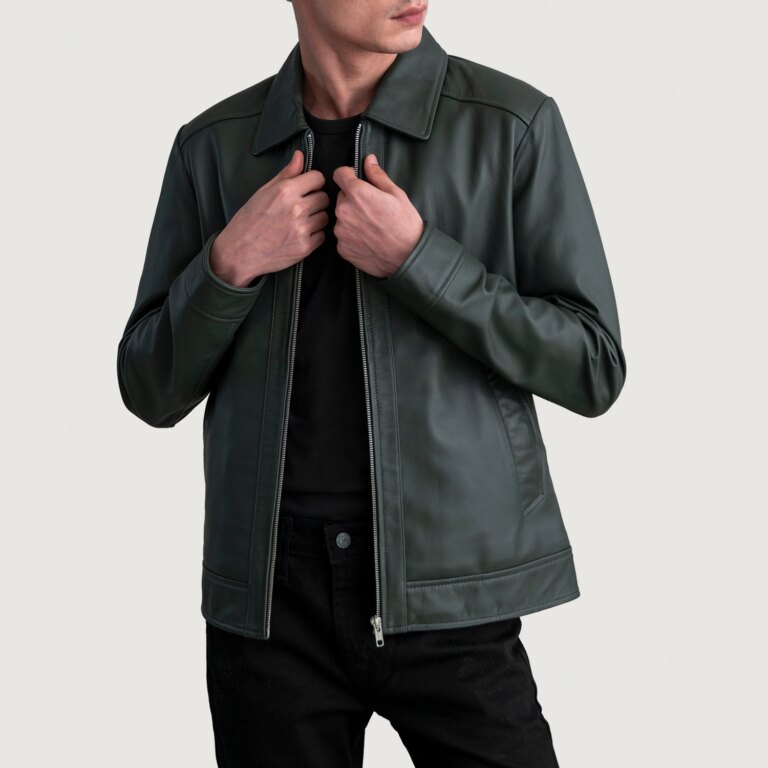 Mens Inferno Green Leather Jacket Open Front-4-1724077640452